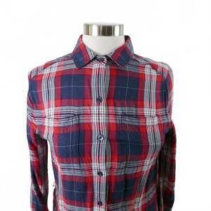 Banana Republic Womens Rayon Button Up Red Navy Plaid Tunic Blouse Shirt 2